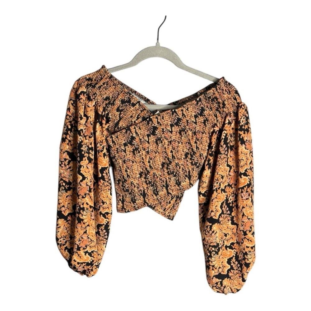 Flying Tomato Black Gold Paisley Print Wrap Top Balloon Sleeves Small